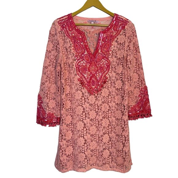 Calypso St. Barth Floral Crochet Tunic Top Size S Embroidered Sequins Tasseled - Picture 1 of 16
